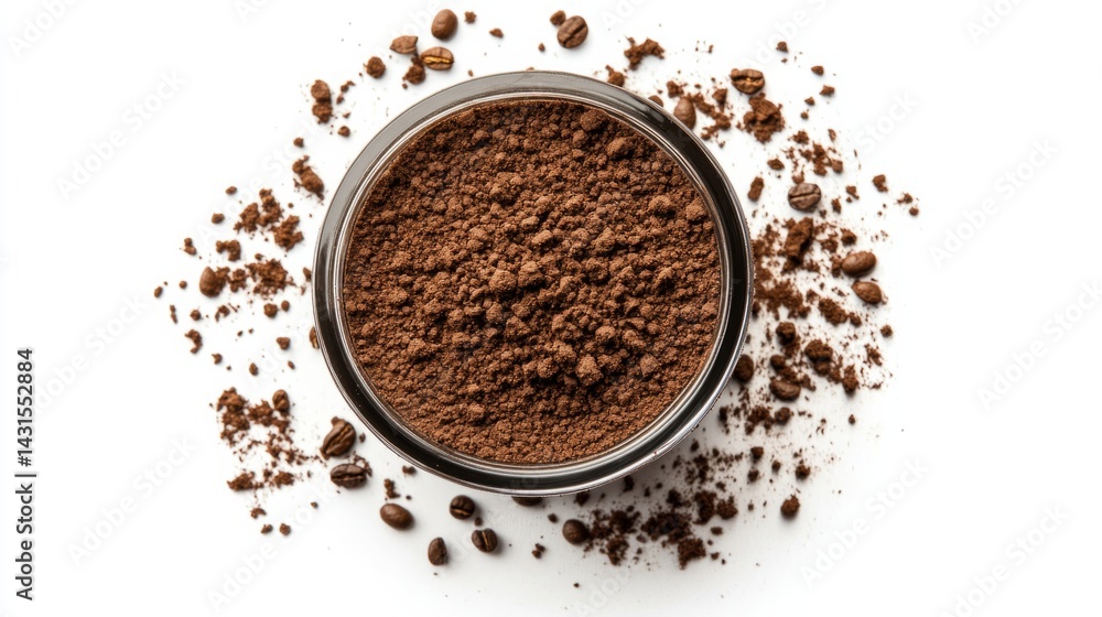 Top view of coffee cup and scattered ground coffee on white background generative ai Top view of coffee cup and scattered ground coffee on white background generative ai