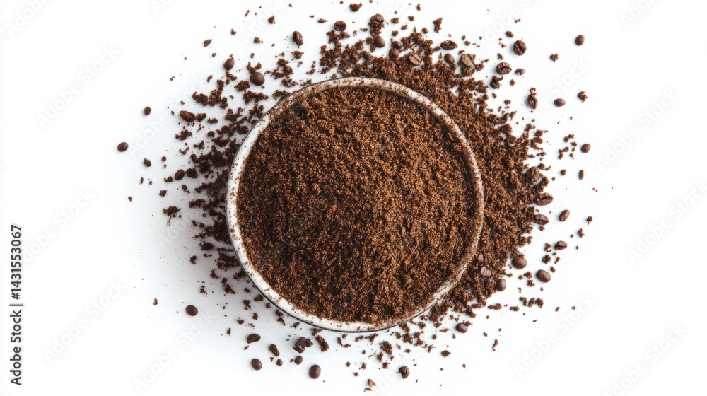 Top view of coffee cup and scattered ground coffee on white background generative ai Top view of coffee cup and scattered ground coffee on white background generative ai