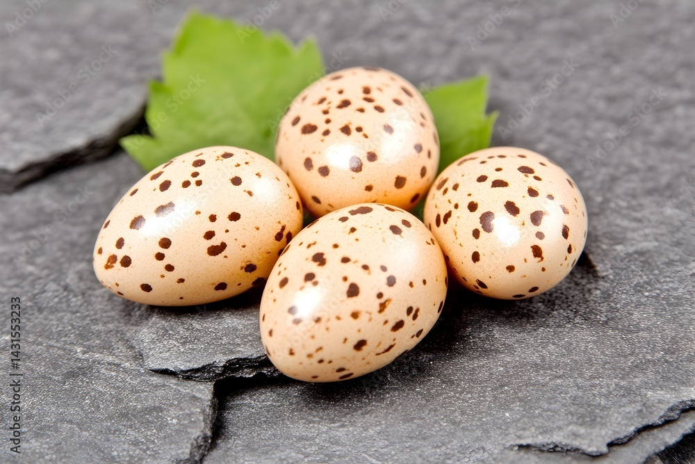 Obraz premium Four speckled eggs on a slate surface with a leaf