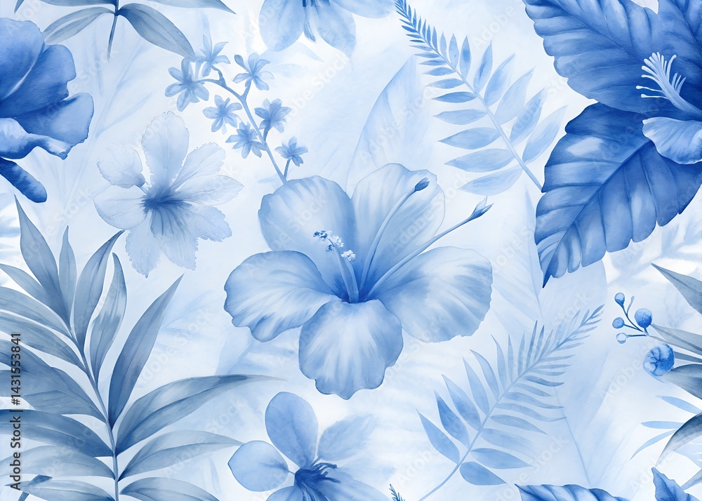 Floral Pattern in Blue Tones , Water color Hand-drawn peony textile design, Water color background, floral pattern for wallpaper or fabric