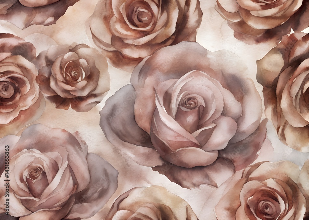 Watercolor Pattern of Soft Brown Roses , Water color Hand-drawn peony textile design, Water color background, floral pattern for wallpaper or fabric