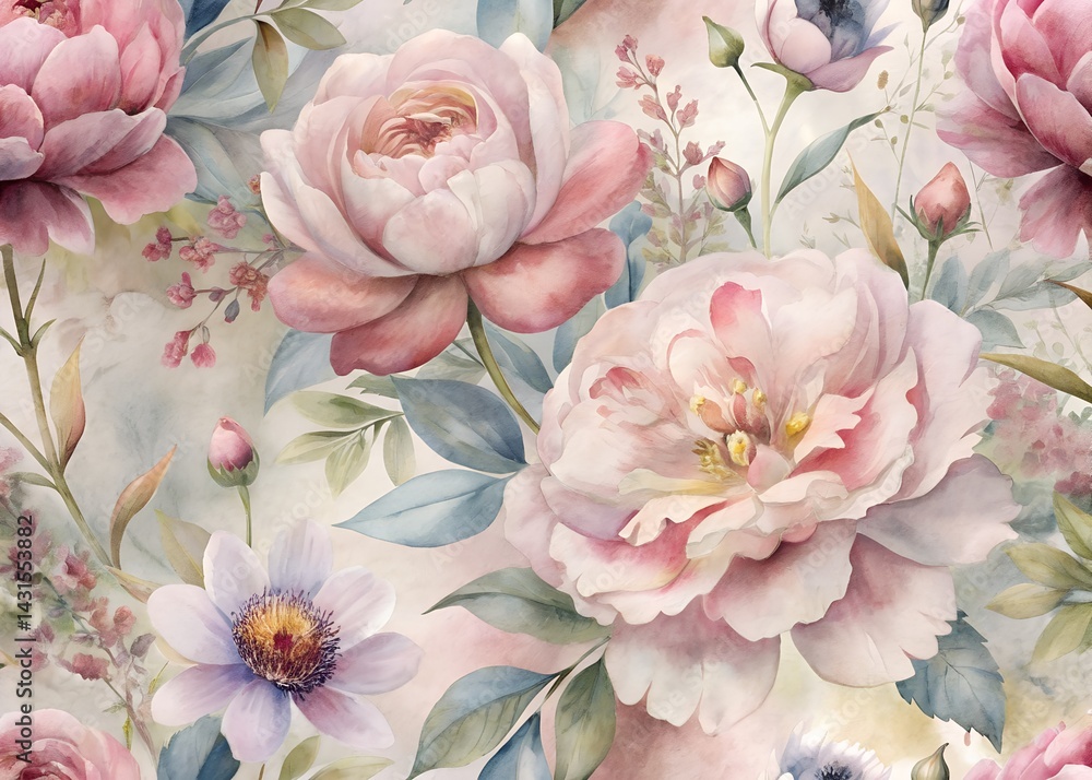 Floral Watercolor Pattern with Peonies and Wildflowers , Water color Hand-drawn peony textile design, Water color background, floral pattern for wallpaper or fabric