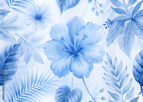 Floral Pattern in Blue Tones , Water color Hand-drawn peony textile design, Water color background, floral pattern for wallpaper or fabric