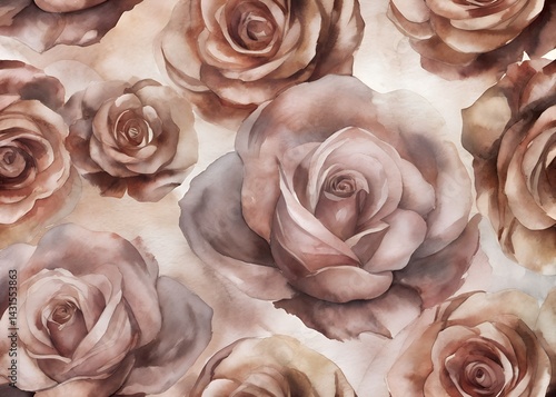 Obraz na płótnie Watercolor Pattern of Soft Brown Roses , Water color Hand-drawn peony textile design, Water color background, floral pattern for wallpaper or fabric w salonie