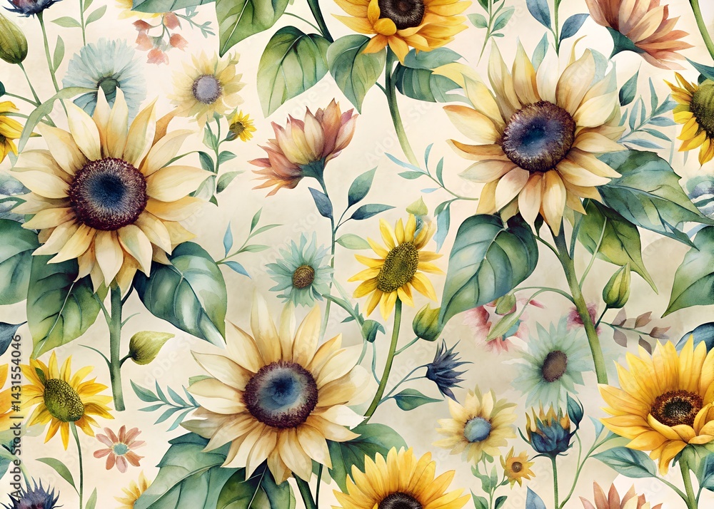 Watercolor Floral Pattern with Sunflowers , Water color Hand-drawn peony textile design, Water color background, floral pattern for wallpaper or fabric