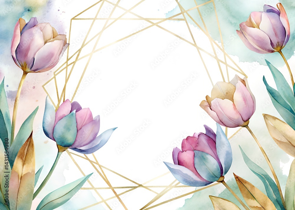 Watercolor Floral Frame with Geometric Design , Water color Hand-drawn peony textile design, Water color background, floral pattern for wallpaper or fabric