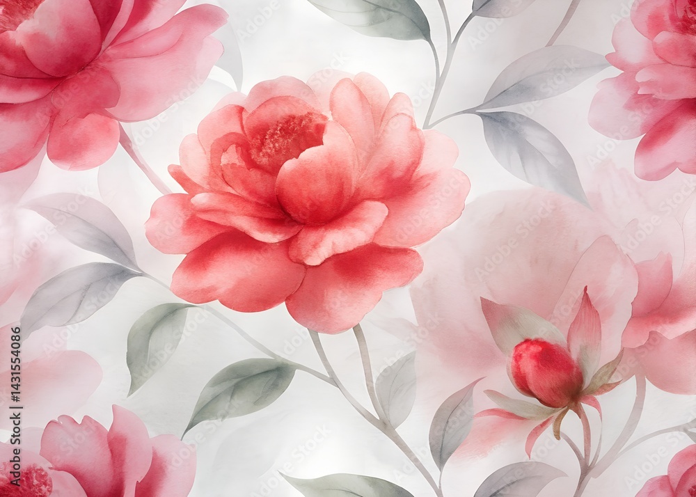 Vibrant Watercolor Floral Pattern with Peonies , Water color Hand-drawn peony textile design, Water color background, floral pattern for wallpaper or fabric