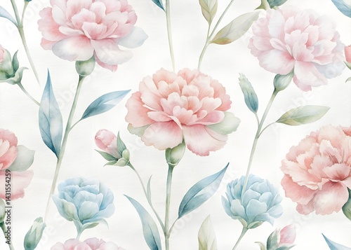 Watercolor Floral Pattern with Carnations , Water color Hand-drawn peony textile design, Water color background, floral pattern for wallpaper or fabric