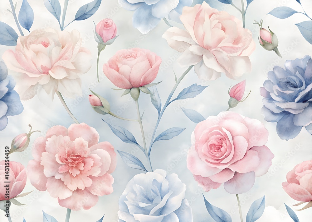 Watercolor Floral Pattern with Roses , Water color Hand-drawn peony textile design, Water color background, floral pattern for wallpaper or fabric