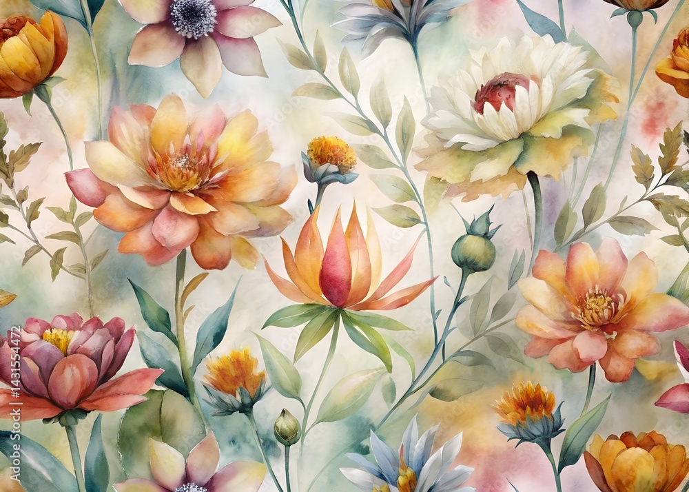 Vibrant Floral Pattern Illustration , Water color Hand-drawn peony textile design, Water color background, floral pattern for wallpaper or fabric