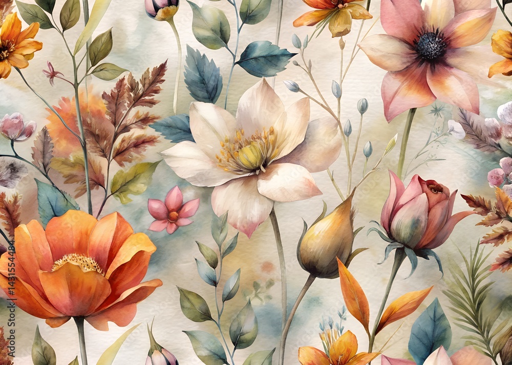 Vibrant Floral Pattern Illustration , Water color Hand-drawn peony textile design, Water color background, floral pattern for wallpaper or fabric