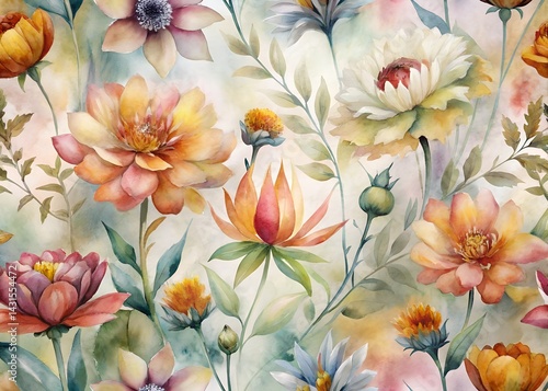 Vibrant Floral Pattern Illustration , Water color Hand-drawn peony textile design, Water color background, floral pattern for wallpaper or fabric