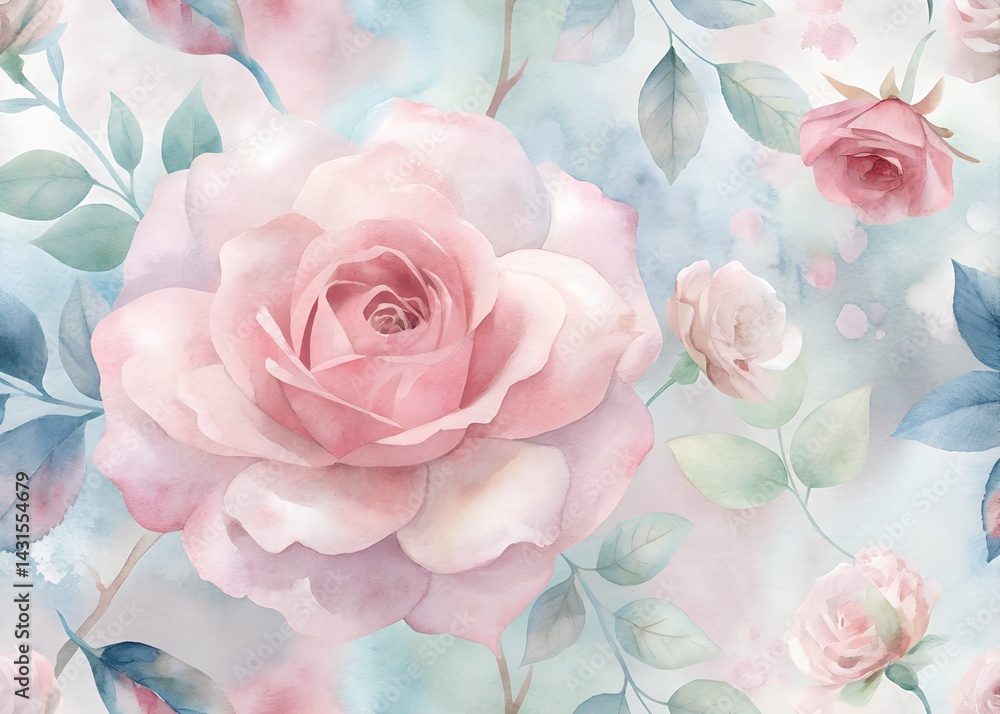 Watercolor Floral Pattern with Roses , Water color Hand-drawn peony textile design, Water color background, floral pattern for wallpaper or fabric