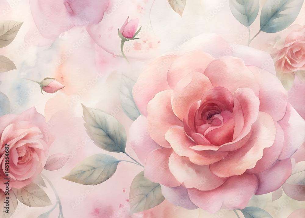 Watercolor Floral Pattern with Roses , Water color Hand-drawn peony textile design, Water color background, floral pattern for wallpaper or fabric