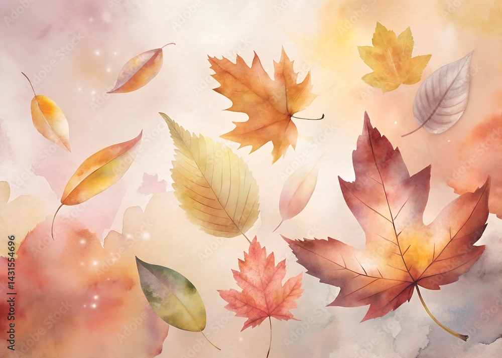 Watercolor Autumn Leaves Background , Water color Hand-drawn peony textile design, Water color background, floral pattern for wallpaper or fabric
