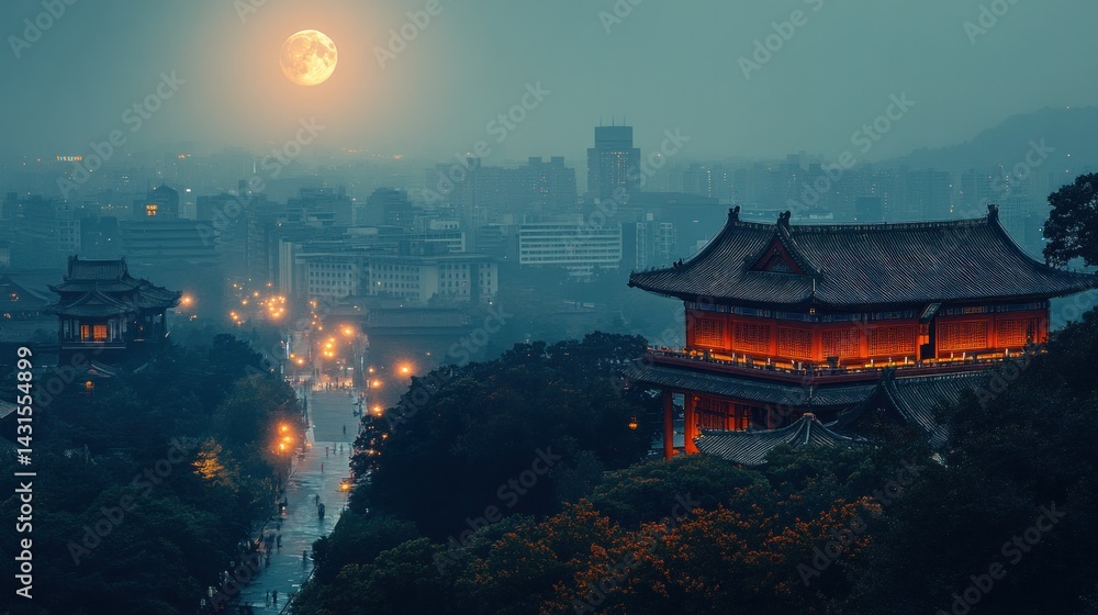 Naklejka premium Misty moonlit ancient Chinese city