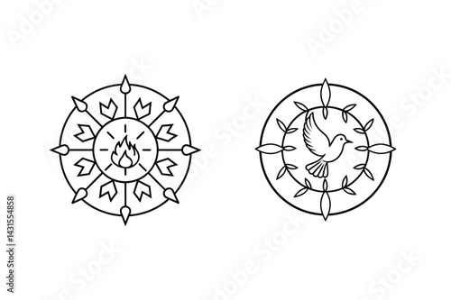 Flame And Dove Icons In Ornate Circle Line Art Design Elements