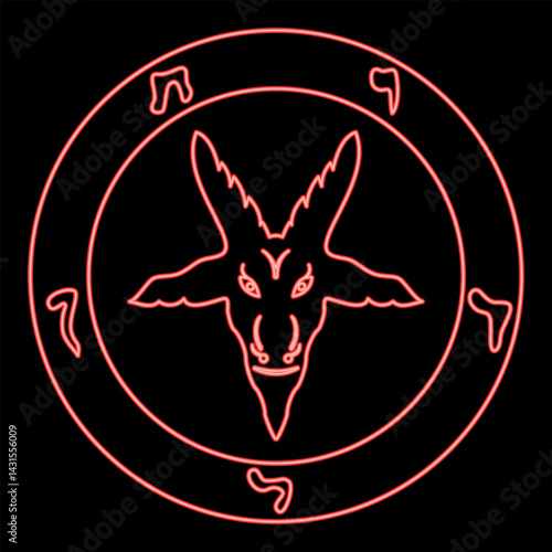 Neon symbol Satanism of Lavaeus Sigil of Baphomet sign red color vector illustration image flat style