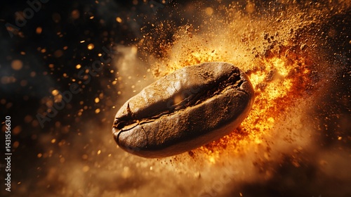 Coffee Bean Explodes in a Burst of Energy.  A single coffee bean is suspended mid-air, amidst a powerful explosion of brown dust and fire.  The bean is rich brown and appears roasted. 