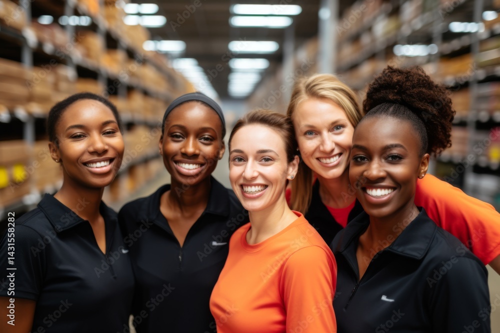 Portrait of smiling group of diverse female workers at warehouse, organic Portrait of smiling group of diverse female workers at warehouse, organic