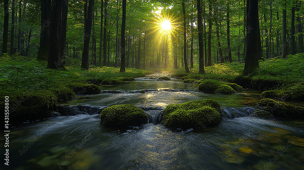 Obraz premium Forest Stream Sunlight Filtering Through Tall Trees, Mossy Rocks, Tranquil Water