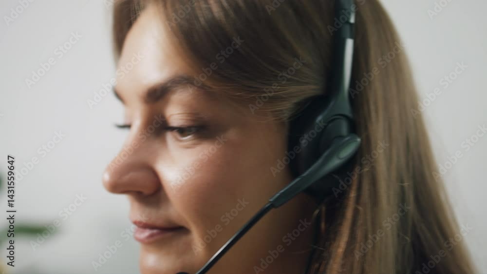 Happy Woman call center with headphone using laptop computer working from home, customer service, telemarketing sit in living room at home. Smiling female consultant, agent remote work online at home. Happy Woman call center with headphone using laptop computer working from home, customer service, telemarketing sit in living room at home. Smiling female consultant, agent remote work online at home.