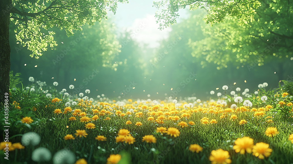 Obraz premium Meadow with Yellow Flowers and Dandelions in the Forest, Sunlight, Nature, Spring