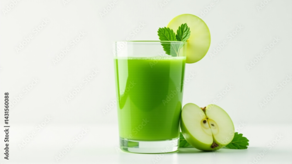 Glass of Freshly Squeezed Green Juice with Kale Leaf and Apple Slice Garnish Glass of Freshly Squeezed Green Juice with Kale Leaf and Apple Slice Garnish