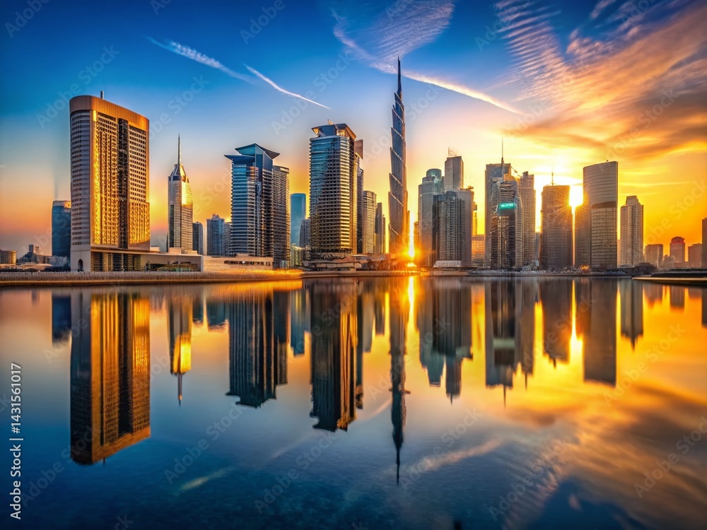 Fototapeta premium Dubai Sunrise Panoramic: Business Bay & Downtown Skyline