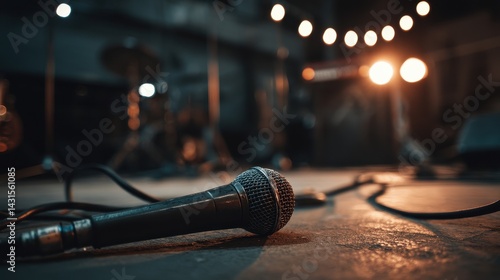 Microphone laying on the floor of a stage. photo.