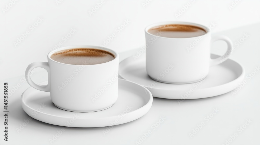 Obraz premium Two cups with a coffee drink on a white saucer and a plate on a white surface. generative ai