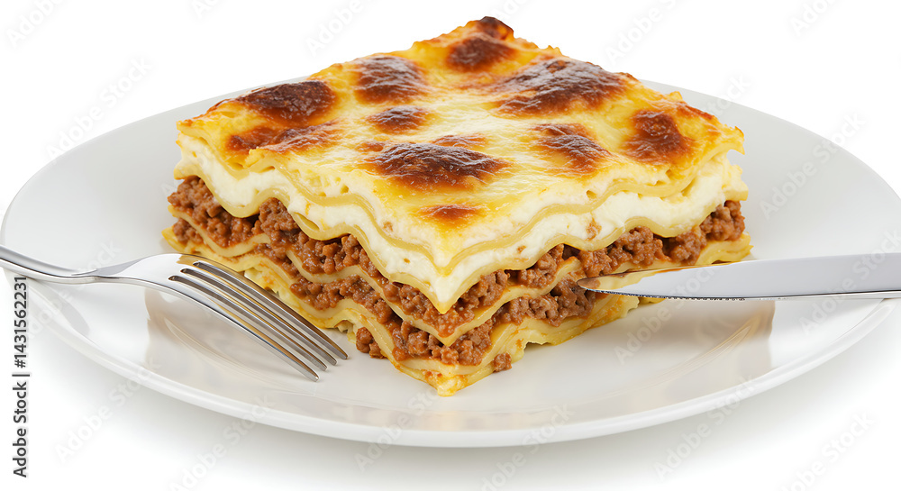 A slice of lasagna (Brazilian style) on a white plate with fork and knife, isolated on a white background A slice of lasagna (Brazilian style) on a white plate with fork and knife, isolated on a white background