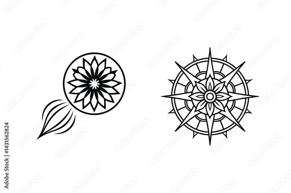 Fototapeta premium Intricate Black And White Floral And Starburst Designs For Logos And Graphics