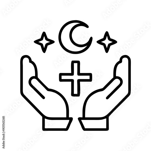 Hands holding cross moon and stars vector illustration for religion and spirituality concept