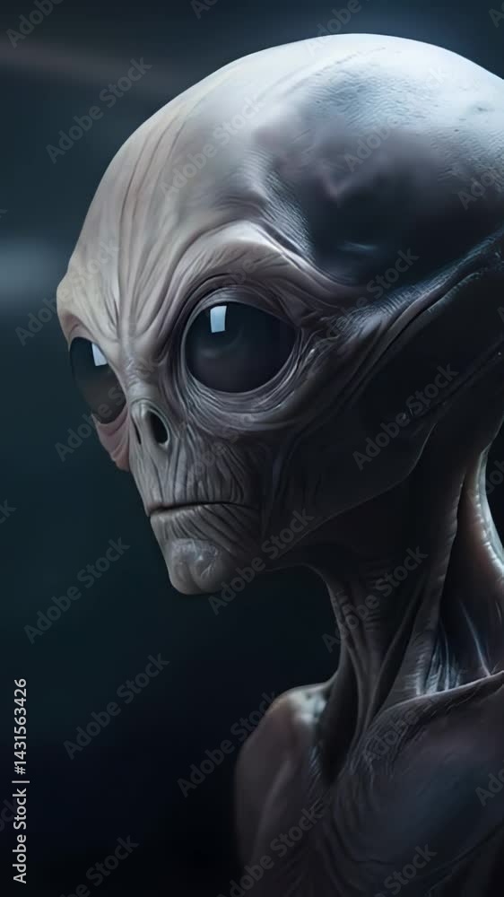 Grey alien head emerging from shadowy background, revealing elongated mouth, symbolizing otherworldly presence and potential extraterrestrial communication Grey alien head emerging from shadowy background, revealing elongated mouth, symbolizing otherworldly presence and potential extraterrestrial communication