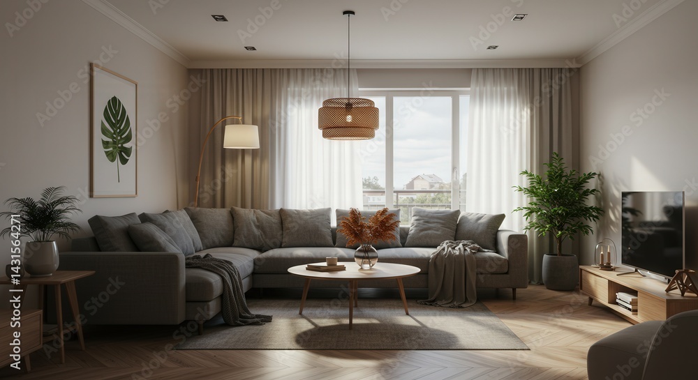 Fototapeta premium Living room with gray sofa, plant, and round coffee table