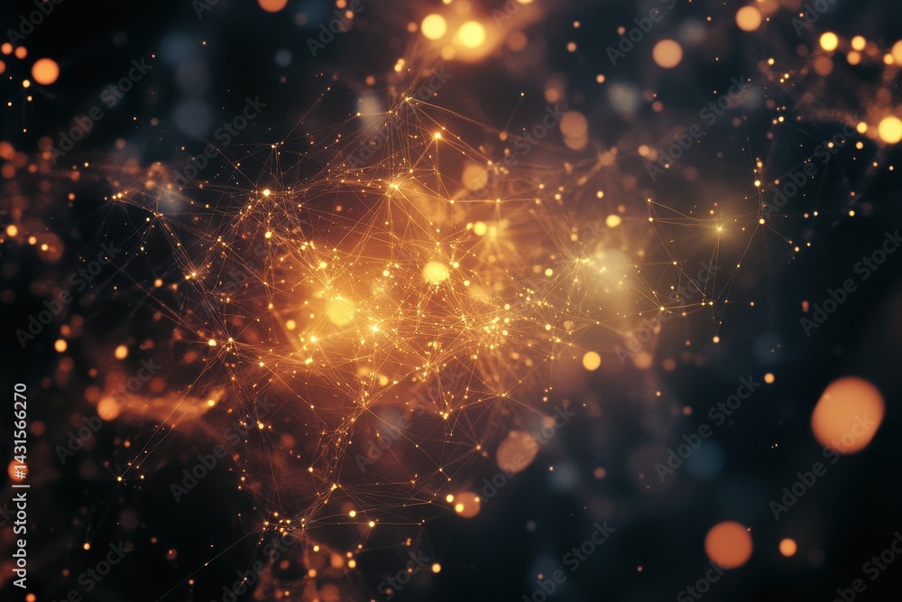 Naklejka premium Abstract Golden Network Connections Digital Art Background Design Glow Dark Lines Nodes Bokeh Brown 