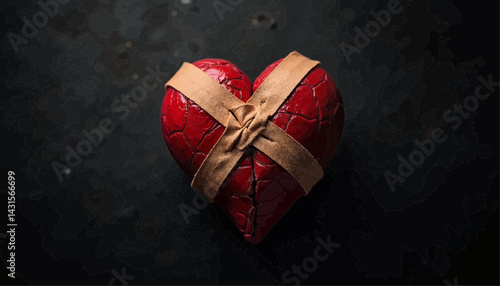 Red heart-shaped gift wrapped with ribbon on dark background icon  