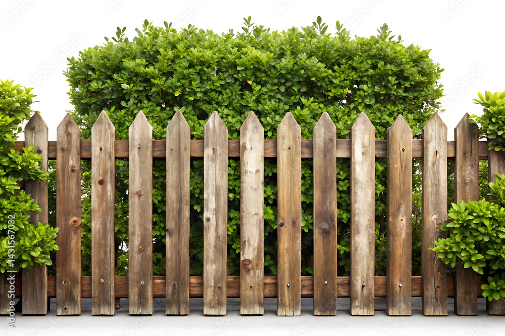Fototapeta premium old wooden Fence with bush isolated on white background
