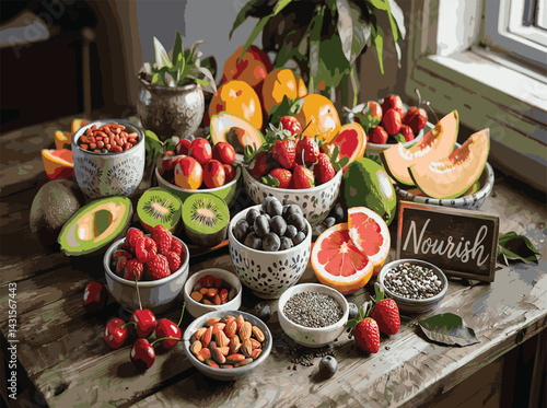 Healthy food selection Assorted superfoods Fresh fruits and berries Mixed nuts and seeds Superfood flat lay 