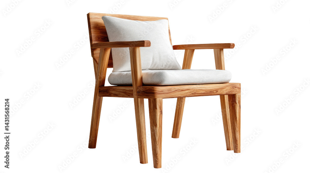 Elegance of Crafted Comfort: A close-up captures the inviting simplicity of a wooden armchair adorned with a soft pillow. It embodies modern design. Elegance of Crafted Comfort: A close-up captures the inviting simplicity of a wooden armchair adorned with a soft pillow. It embodies modern design.