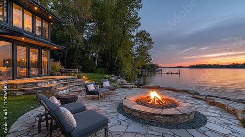 Lakefront Luxury: Sunset Fire Pit and Modern Home