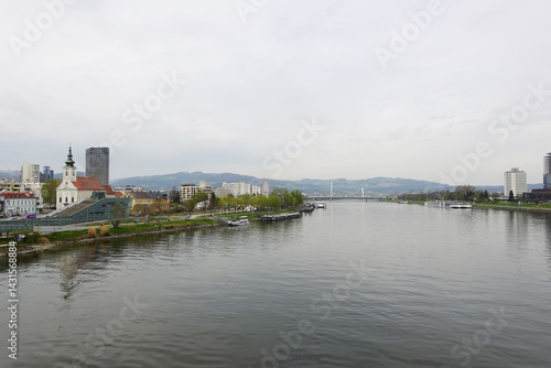 A riverside embankment in Linz, the river Danube, Austria       
