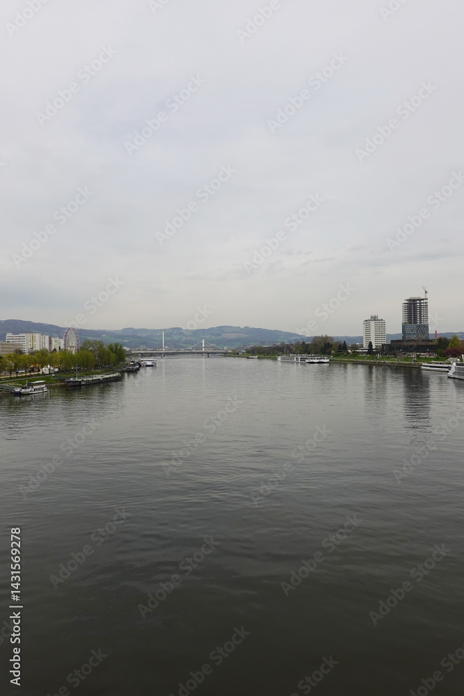 A riverside embankment in Linz, the river Danube, Austria