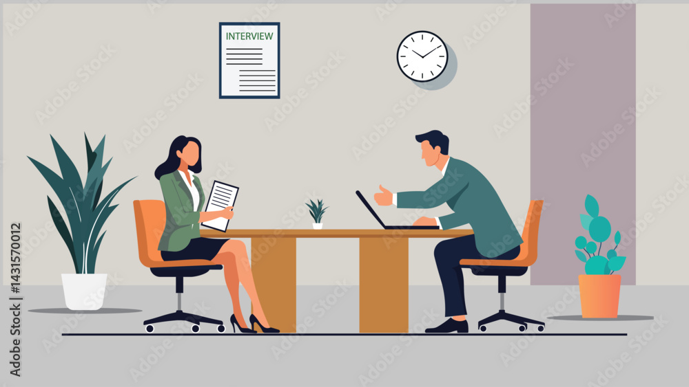 HR interview scene featuring a candidate and recruiter in a modern office setting. Ideal for hiring, recruitment, job search, and human resource visuals. HR interview scene featuring a candidate and recruiter in a modern office setting. Ideal for hiring, recruitment, job search, and human resource visuals.