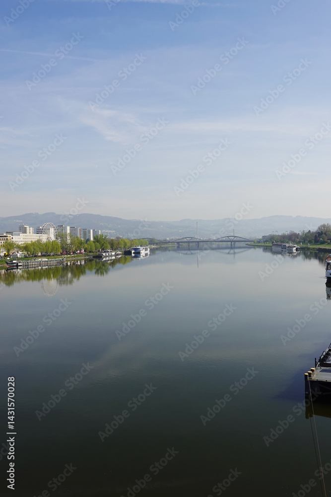 A riverside embankment in Linz, the river Danube, Austria