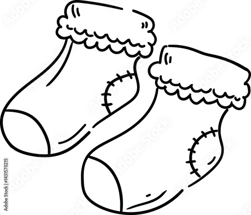 Hand drawn Baby Shower doodle clipart. Cartoon-style illustration of cozy baby socks with a fluffy trim.
