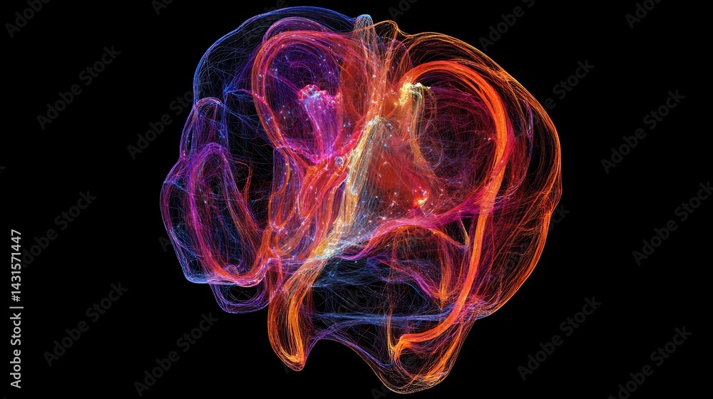 artistic brain model showing neural activity and thought processing Glowing artistic brain model showing neural activity and thought processing Glowing