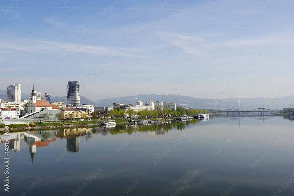 A riverside embankment in Linz, the river Danube, Austria