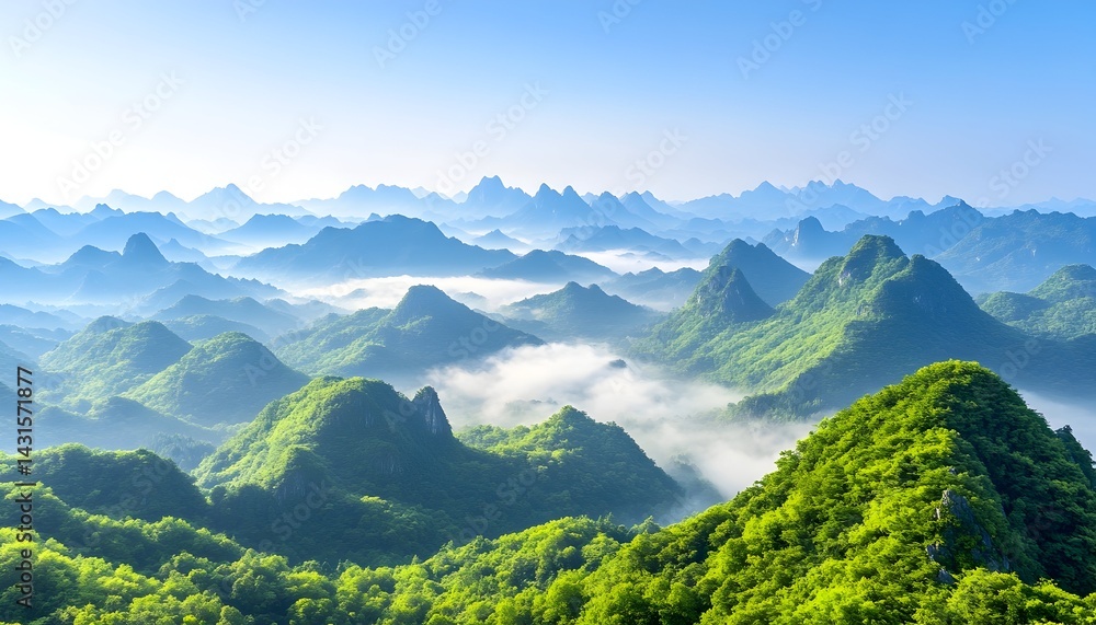 Naklejka premium A panoramic view of rolling green hills and mountains with a layer of mist and fog